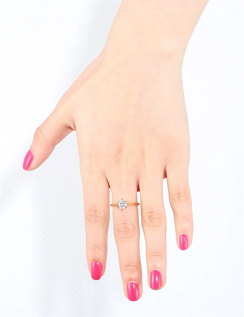 Желтое Золото Цвет Пасьянс шесть коготь круглый CZ круглое кольцо для женщин