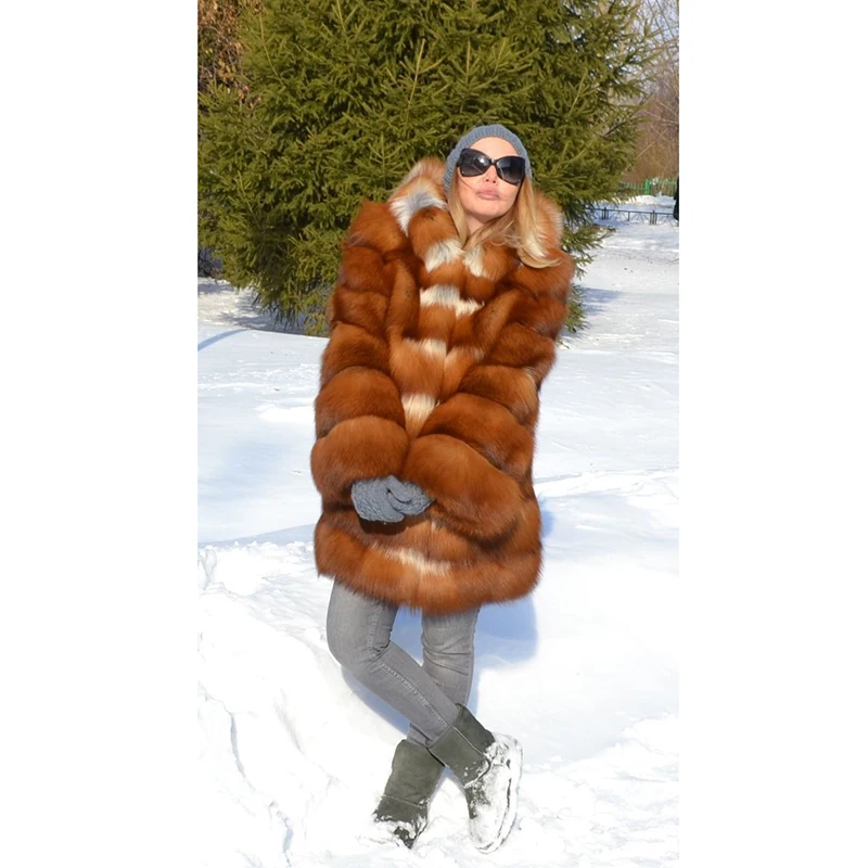 TOPFUR New Luxury Fashion Real Fox Fur Coat Women Natural Russian Gold Fox Fur With Hood Thick Warm Real Fur Jacket Women