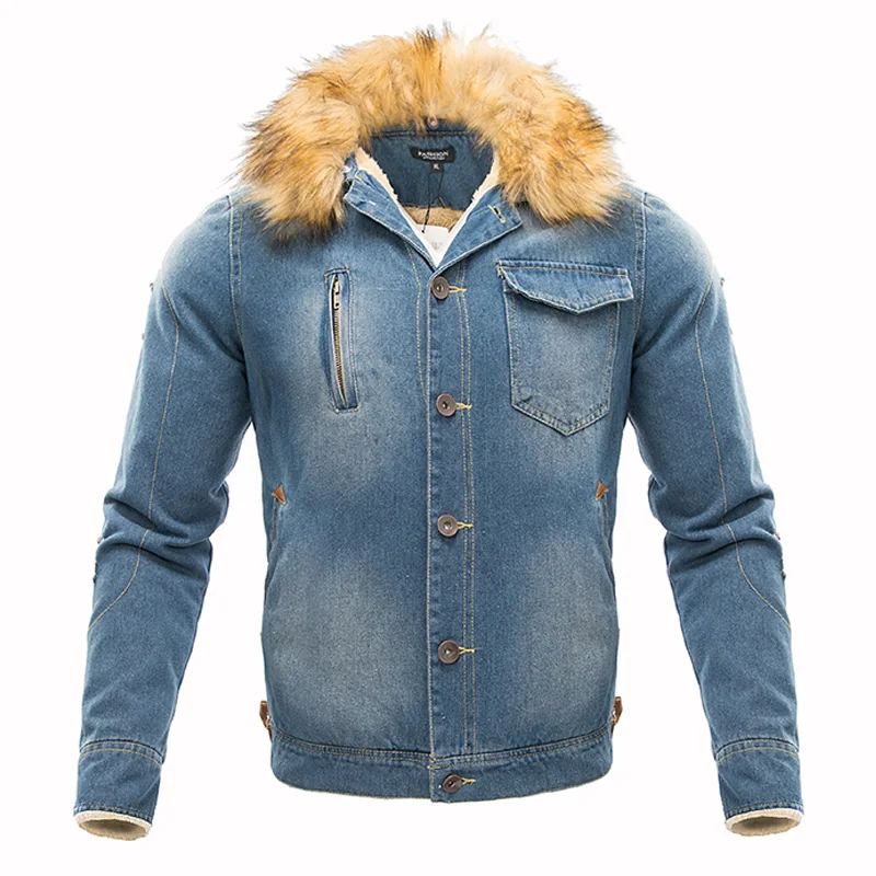 Мужская джинсовая куртка с меховым воротником зимняя большого размера моющийся
