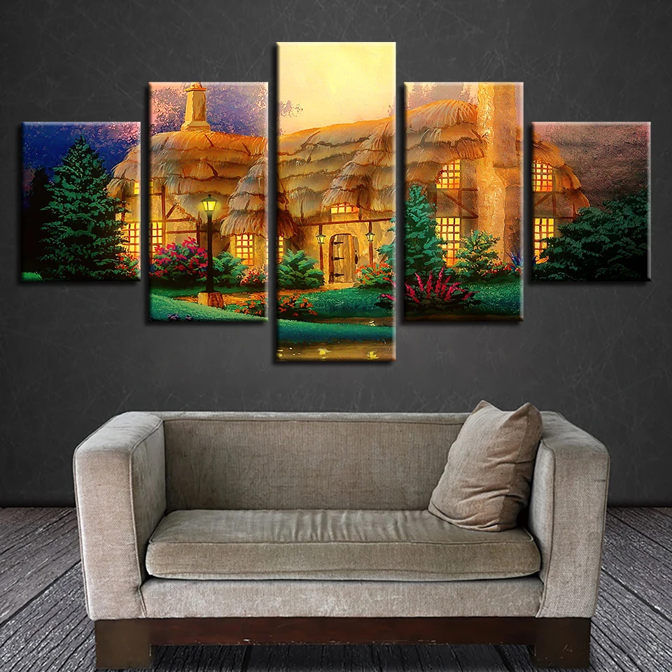 Canvas Painting Poster Wall Art Framework 5 Panel House Of Flowers And Trees Modular Pictures For Living Kids Room Decorative | Дом и сад
