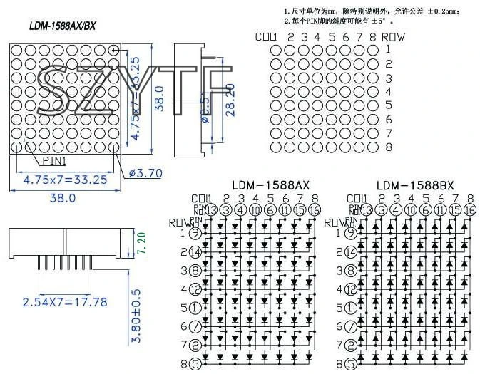 100 шт. Светодиодный точечный матричный дисплей 16pin 8x8 3 мм Красный общий анод Cathod