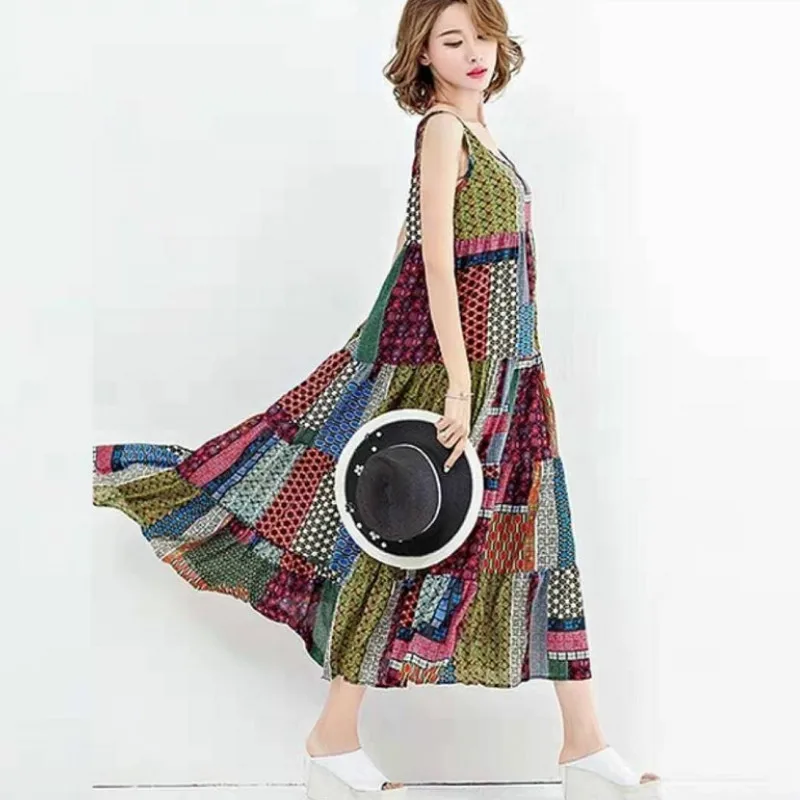 Летнее женское платье без рукавов с круглым вырезом повседневное пляжное