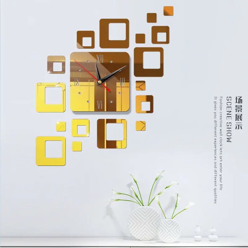 Кварцевые часы современный дизайн модные с зеркальной наклейкой сделай сам