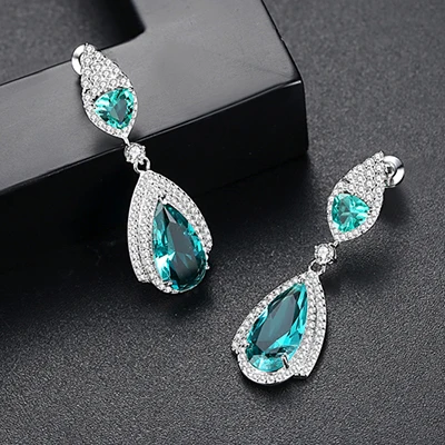 LUOTEEMI Brand New Fashion Luxury CZ Drop Earrings for Women Bridal Wedding Party Jewelry Long Big Pendientes Bijoux Femme Gifts - Окраска металла: Blue