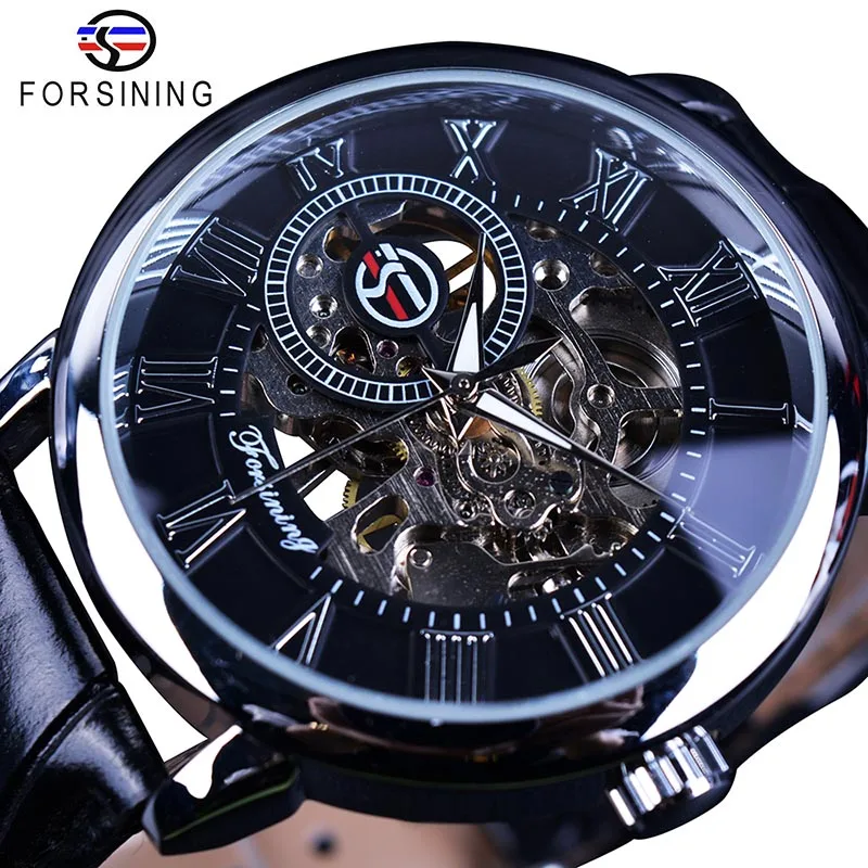 Black Silver Forsining Новое Поступление Синие мужские механические часы тонкий циферблат ручной обмотки из натуральной кожи спортивные наручные часы Relogio Masculino - Цвет: Black Silver