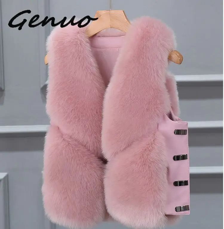New 2019 Winter Women's Thick Warm Faux Fox Fur Vest High Quality Fashion Side buckle O-Neck Short Fur Coat For Women Outwear
