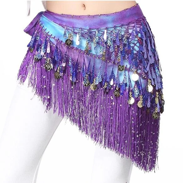 Purple with sequins Женский живот аксессуары для танцевальной одежды каплевидные пайетки накидка с бахромой эластичная основа галстук-краситель треугольник ремни монеты хип шарф - Цвет: Purple with sequins