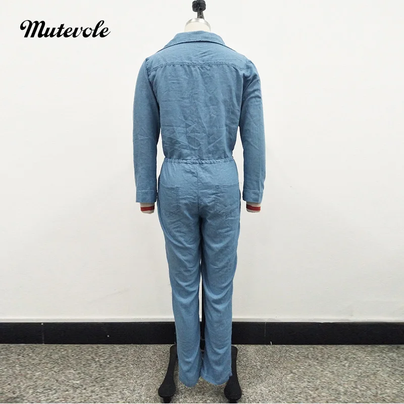 Женский джинсовый комбинезон на завязках с длинным рукавом|Женские комбинезоны|