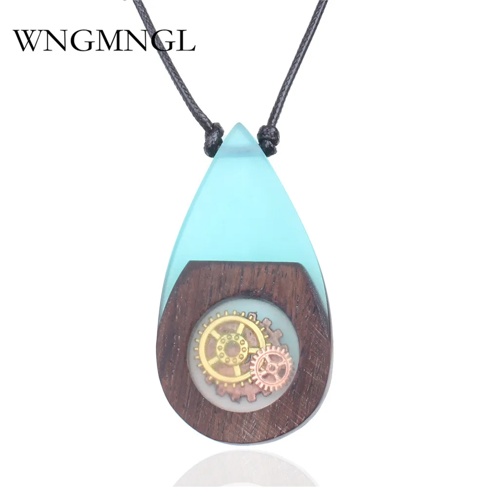 

WNGMNGL Vintage Blue Resin Wood Pendant Necklaces Handmade Gear Water Drop Wooden Long Rope Necklace for Women Men Jewelry Gfit