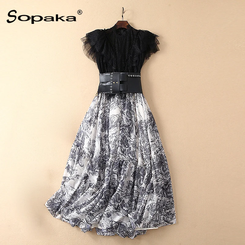 Черный белый лоскутное кружево с оборками и цветочным принтом ремень женское