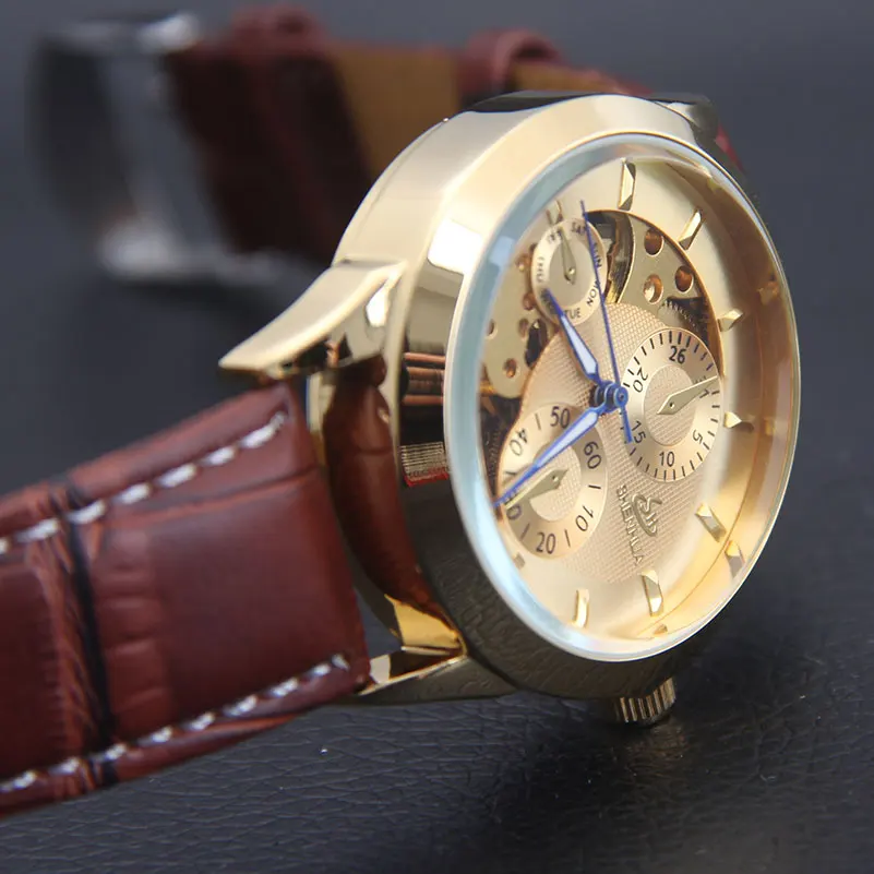 2016 новые случайные платье часы золотые моды для мужчин скелет автоматические