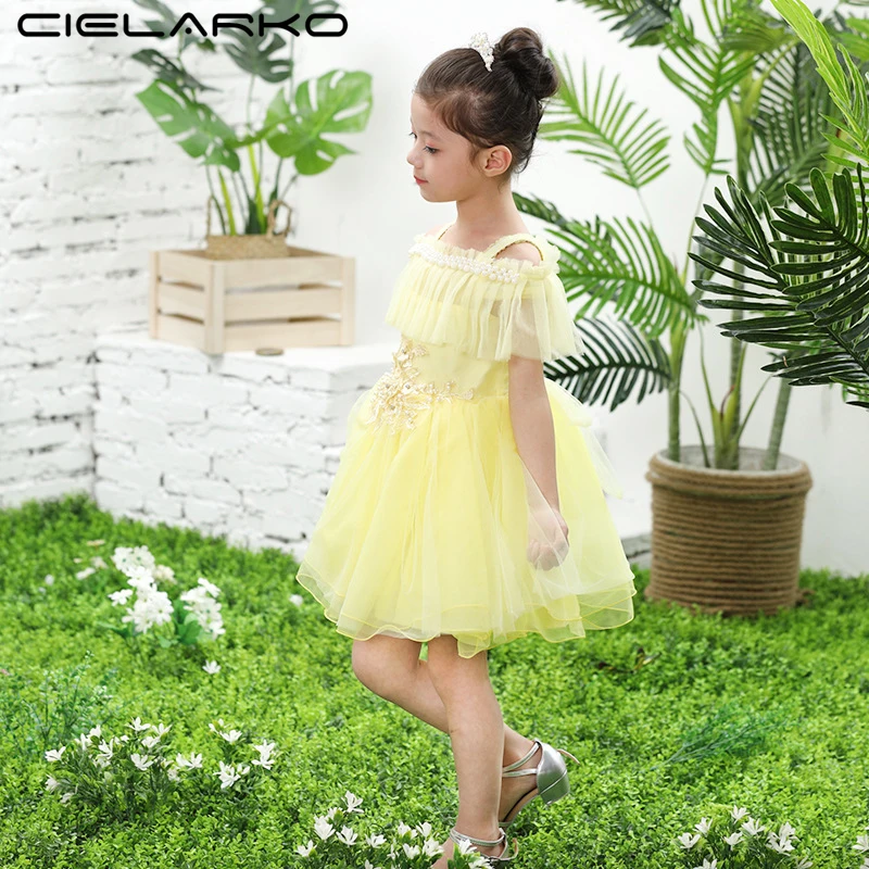 

Cielarko Off Shoulder Girls Dress Princess Strap Party Dresses Floral Wedding Birthday Ball Gown Kids Beading Frock for Girl