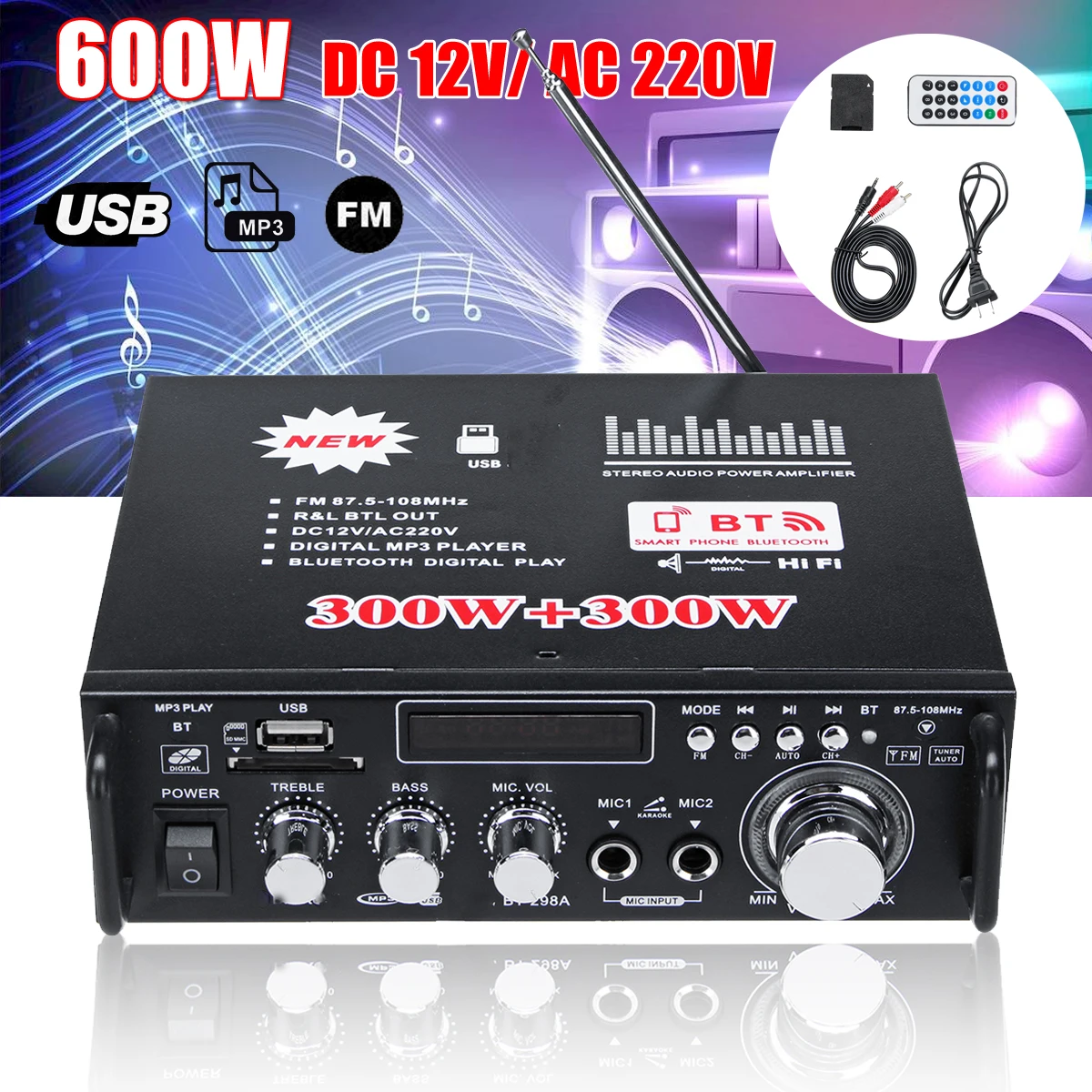 600 Вт 12 В 220 В USB автомобильный bluetooth Hi-Fi стерео аудио усилитель мощности дистанционное управление для автомобиля домашний аудио USB флэш-диск радио