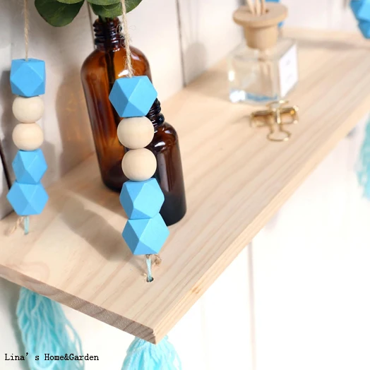small hand crafted beaded solid wood rope display wall shelf flat | Дом и сад