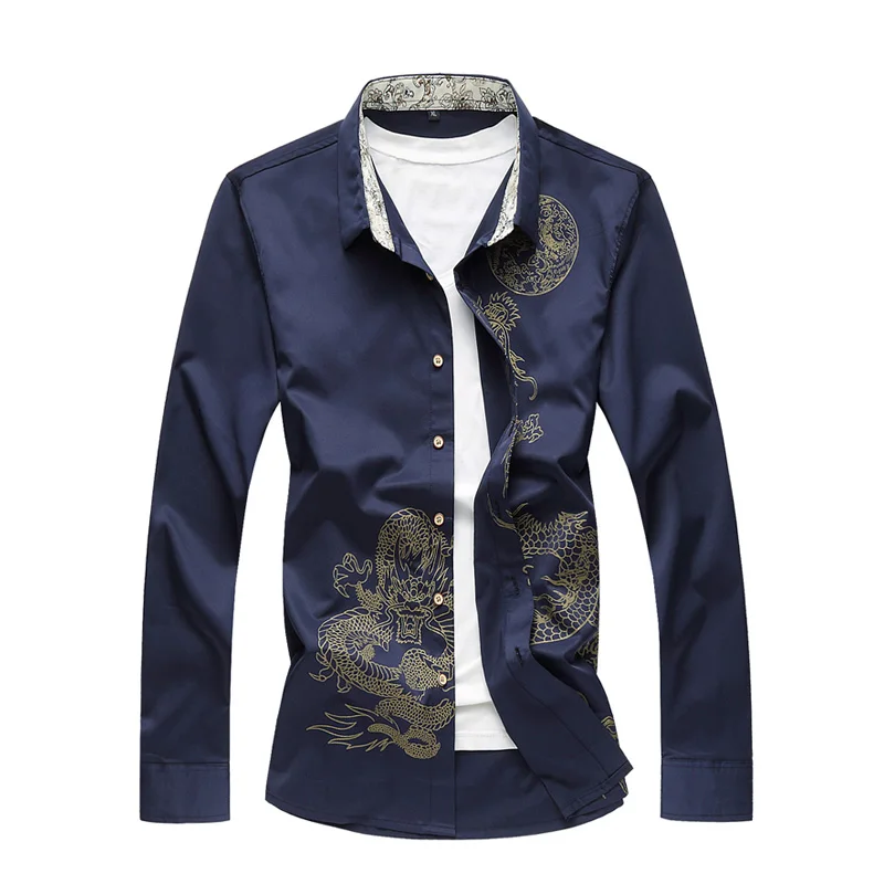 Модный бренд Camisa Masculina рубашка с длинными рукавами мужской старинный китайский традиционный Дракон печатных рубашки больших размеров 6XL 7XL - Цвет: Navy