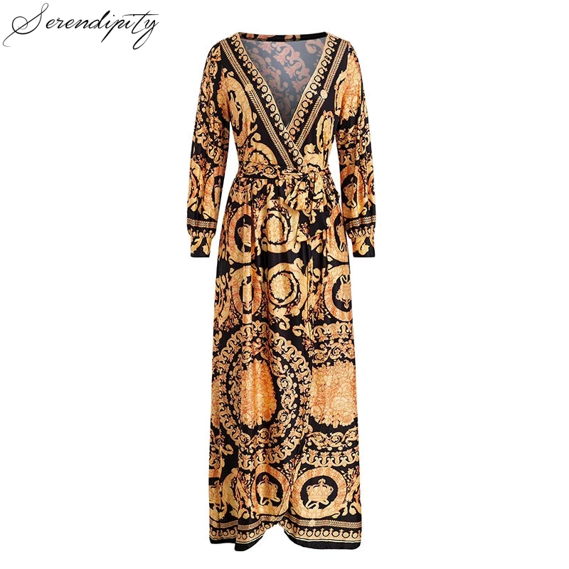 Женское платье с длинным рукавом SRDP винтажное длинное в стиле бохо принтом