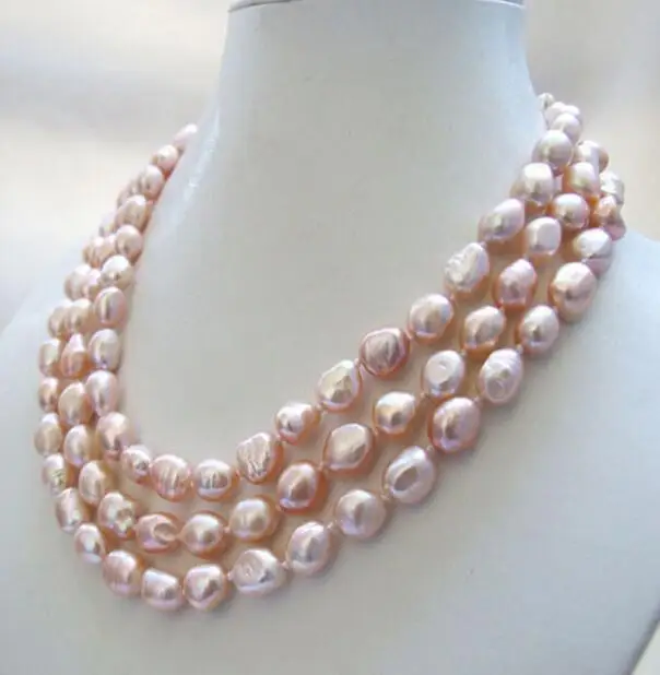 

3 strands natural pink baroque freshwater pearl necklace 10-11mm yellow clasp
