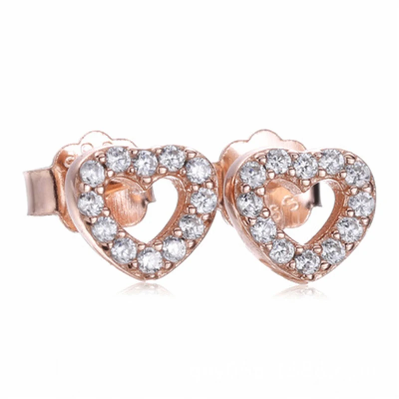 Genuine 925 Sterling Silver Earrings Rose Gold Full Crystal Heart Stud for Women Children Girls Princess Aros Aretes | Украшения и