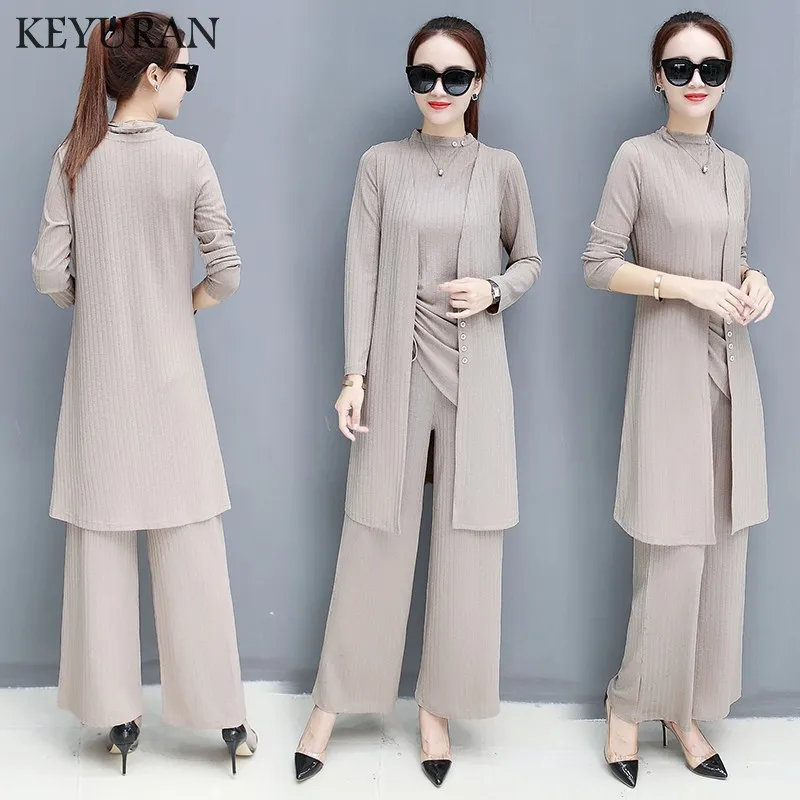 Женский комплект из 3 предметов трикотажный трех с широкими штанинами осень 2019| |