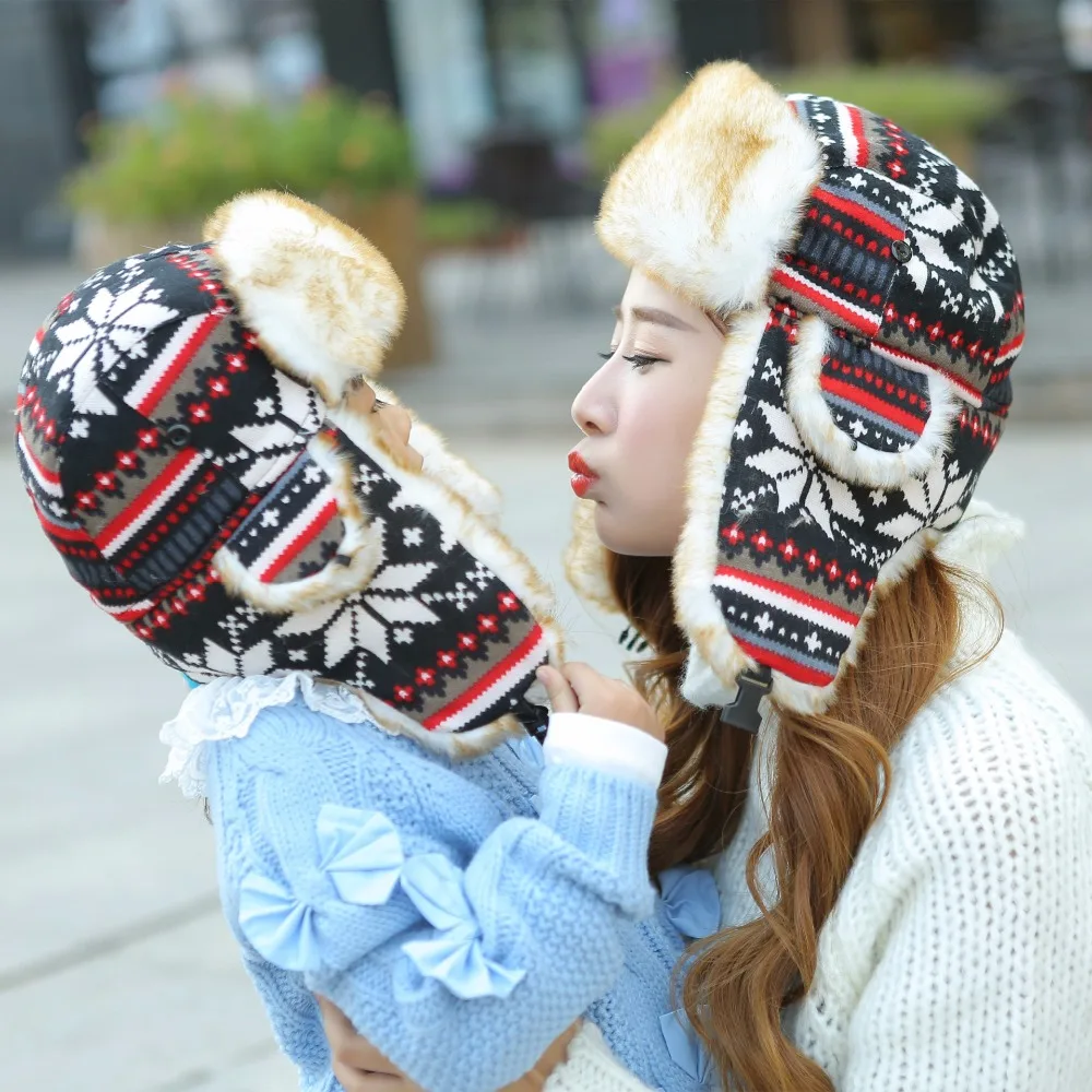 

Newly Winter Hat Bomber Hats For Women Men Outdoor Thickening Earflap Warm Snow Cap Russian Ski Parent-Kid Bomber Hat