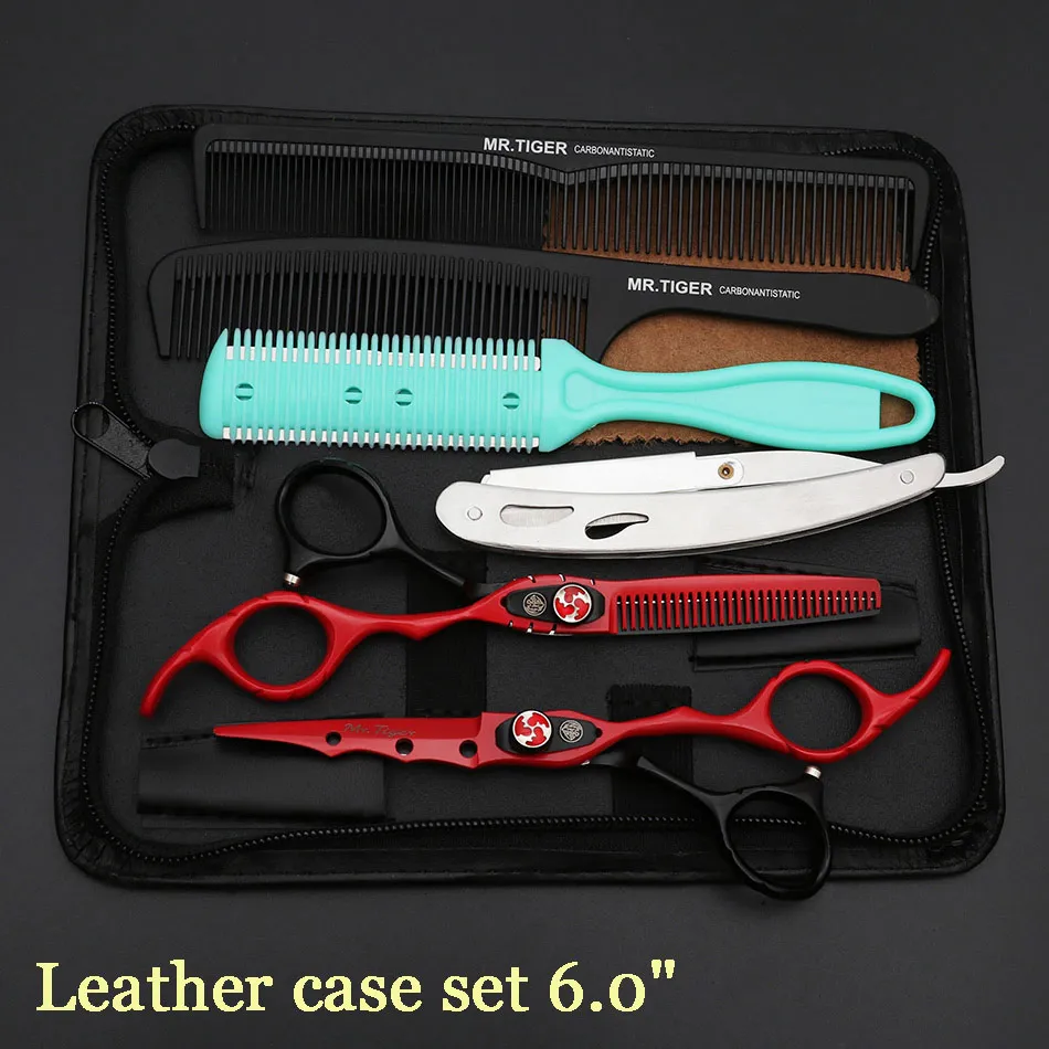 leather case set Ножницы для волос с острым лезвием, Профессиональные парикмахерские ножницы, парикмахерские ножницы, парикмахерские ножницы с бритвенным набором Makas 5,5 6,0 - Цвет: leather case set