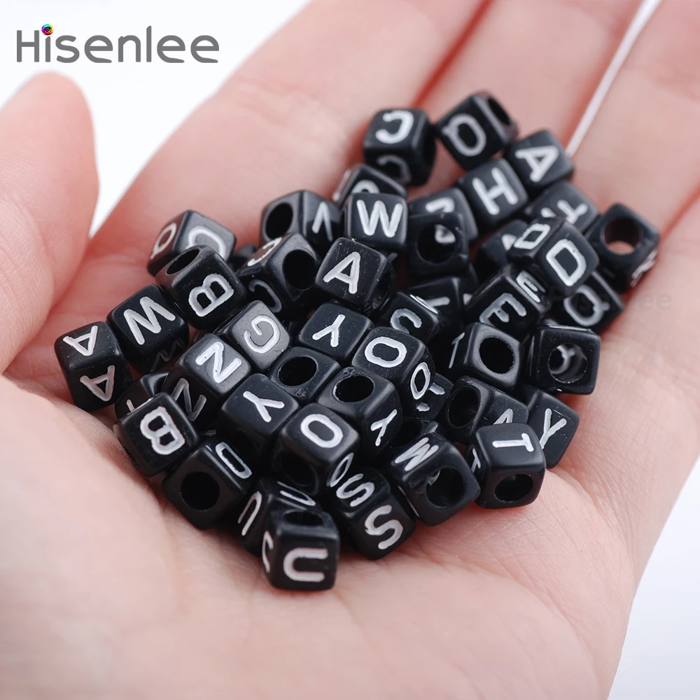 Hisenlee, высокое качество, 200 шт./лот, 6x6 мм, бусины с черными буквами, сделай сам, свободные кубик алфавита, бусины для прорезывания зубов, ожерелья и соски, клипсы