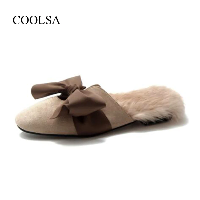 COOLSA/женские модные тапочки с закрытым носком; однотонные Нескользящие шлепанцы на плоской подошве; однотонные меховые тапочки с бантом; женские шлепанцы; сандалии