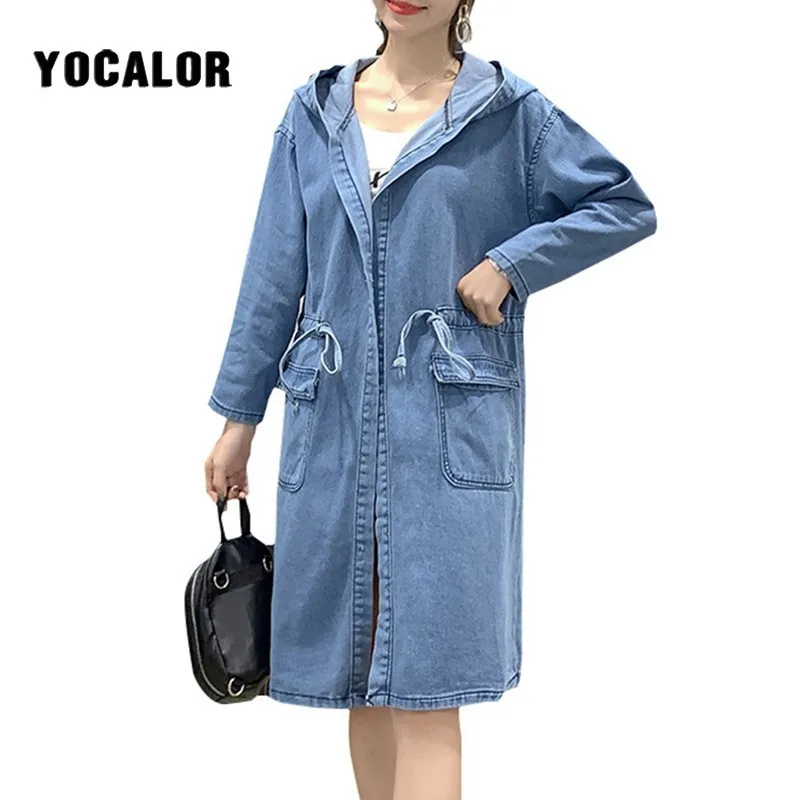 Женский свободный Тренч из джинсовой ткани Длинная женская куртка модная