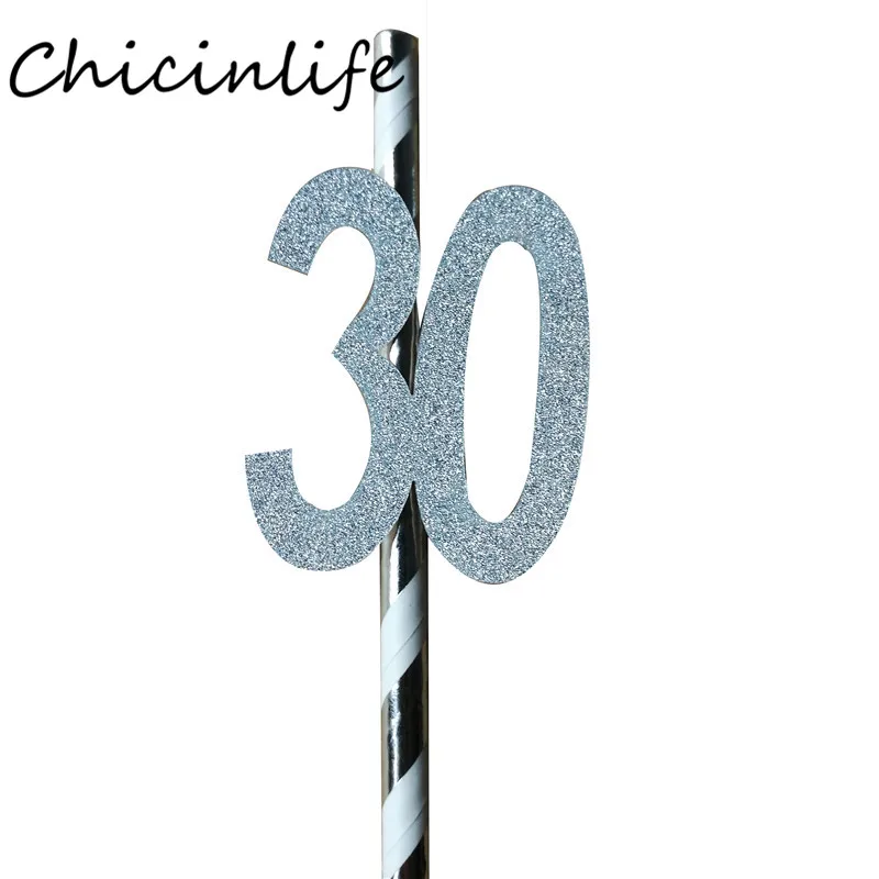 Chicinlife 10 шт. бумажная соломинка с номером 30 40 50 60 соломинка для напитков на день рождения/свадьбу юбилей день рождения украшения - Цвет: silver 30