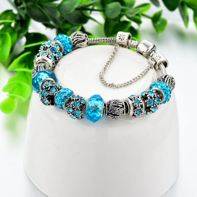 Браслет женский из серебра 2019 пробы с голубыми кристаллами|charm jewelry|bracelet friendshipwomen