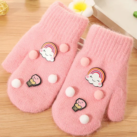 Pink 1 пара милых детских перчаток с героями мультфильмов зимние и осенние теплые перчатки для мальчиков и девочек вязаные плотные детские варежки с длинными пальцами для детей возрастом от 6 до 12 лет - Цвет: Pink