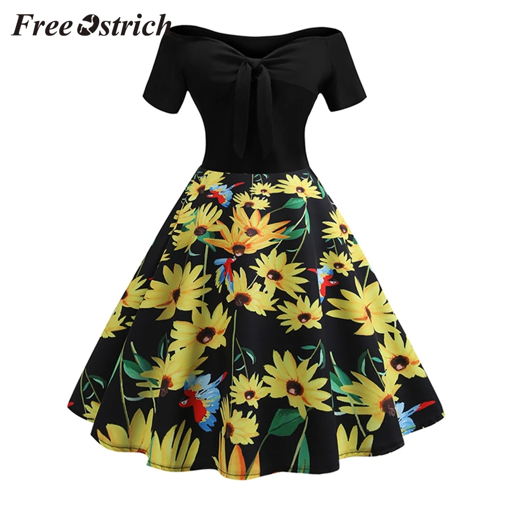 Женское винтажное платье со спущенными плечами свободное с принтом страуса для