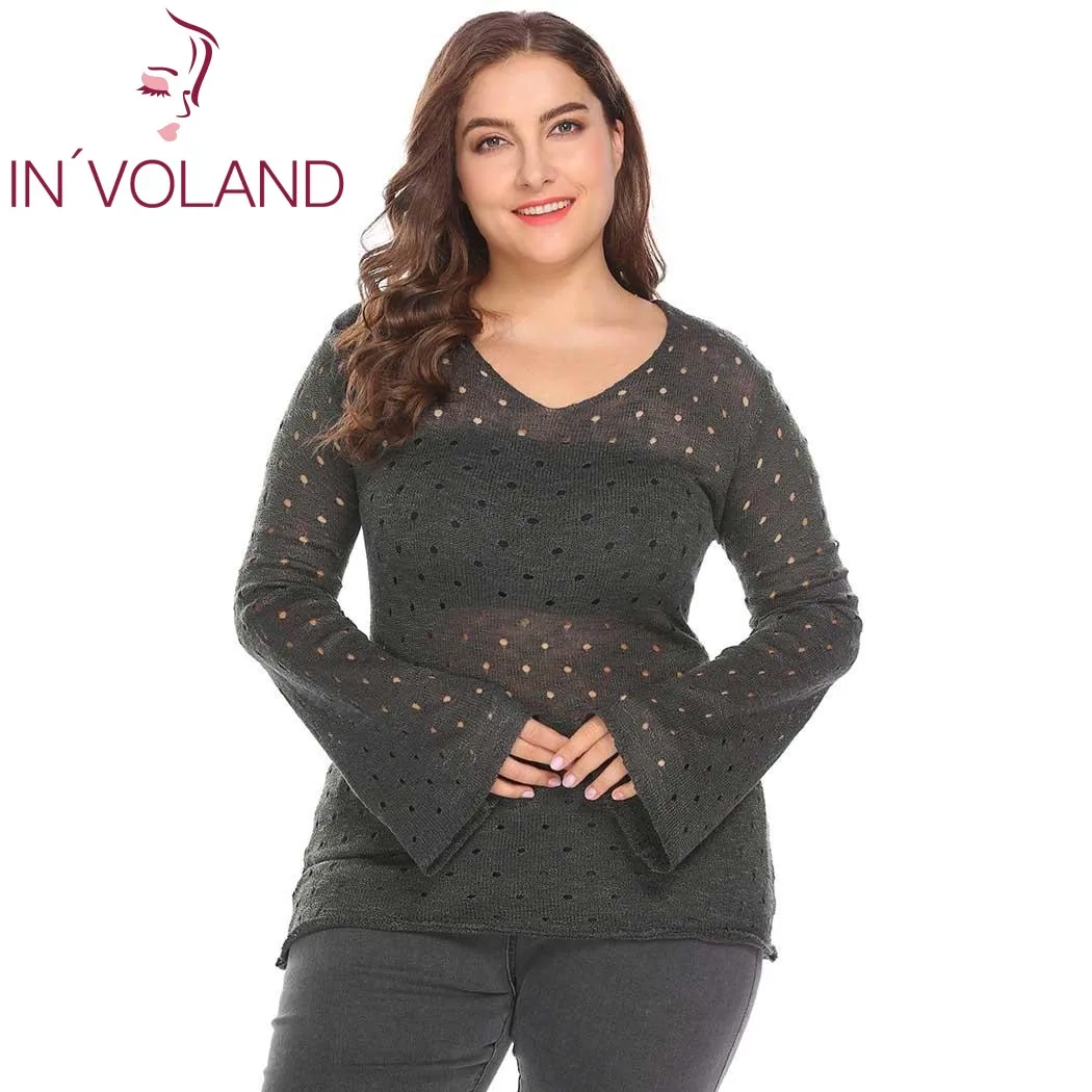 IN'VOLAND Women Sweater Tops Large Size 5XL Casual Autumn Spring Flare Sleeve Slim Hole Hollow Out Thin Female Pullover Sweaters | Женская