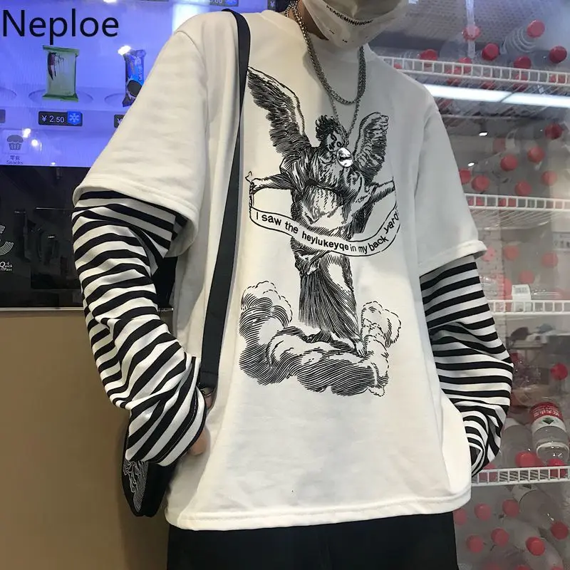 Neploe Harajuku футболка с длинным рукавом Женская принт в стиле пэчворк полоску О