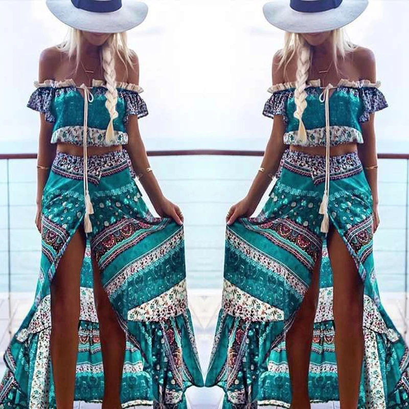 Женское платье с вырезом лодочкой Boho асимметричный костюм из двух предметов