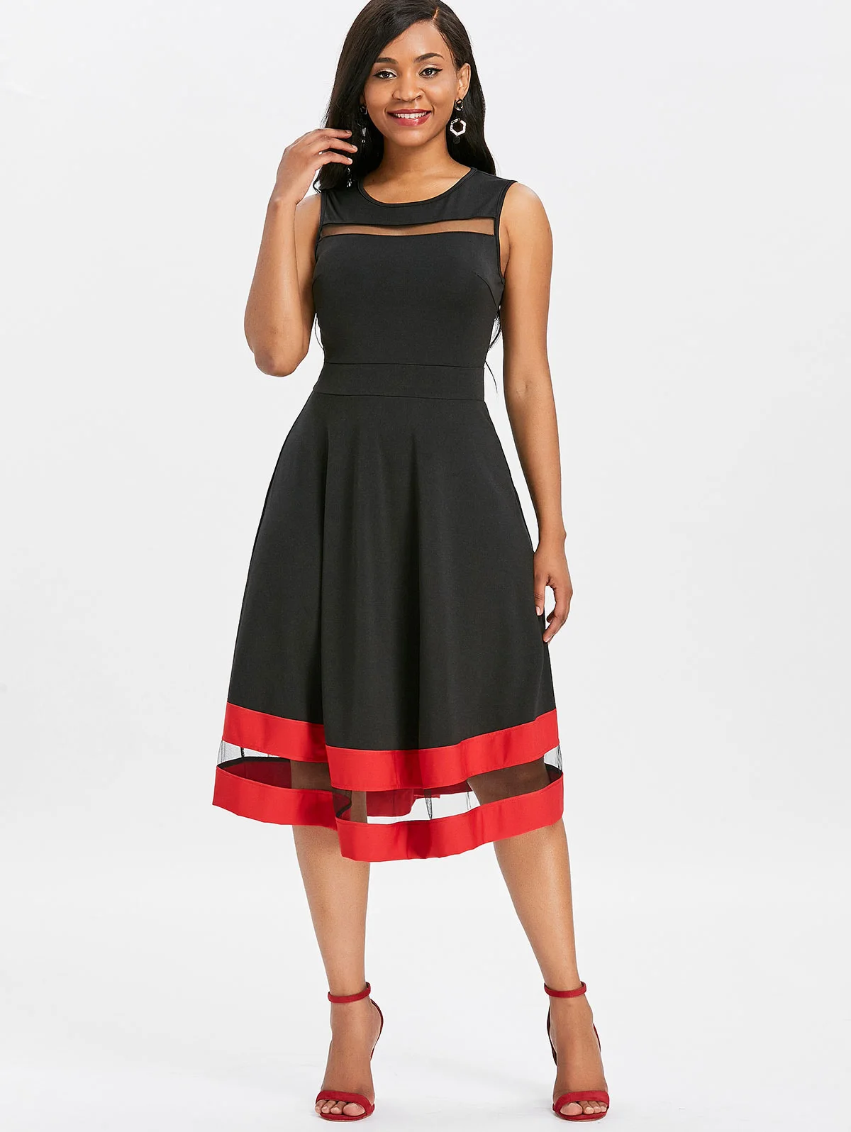 VESTLINDA Sheer Mesh Insert контрастная отделка линия миди женское платье для катания на