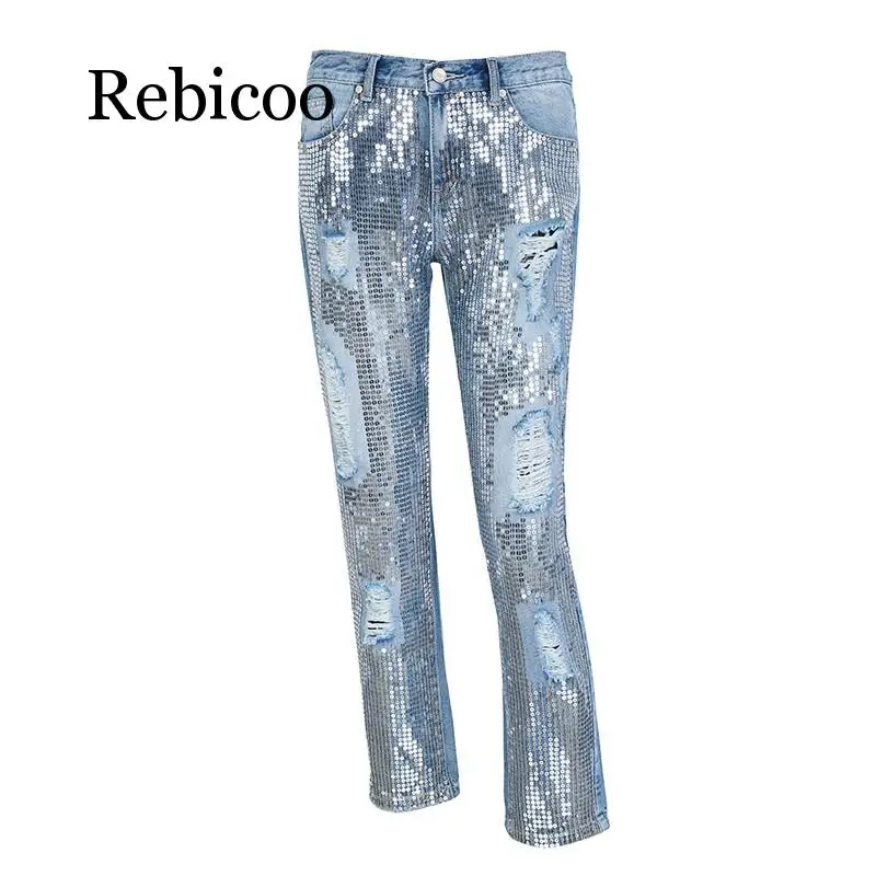 

Sequins, hole, hole pants, women's trousers, street tassels, stripes, blue denim, women's trousers, 2019 spring and autumn, loos