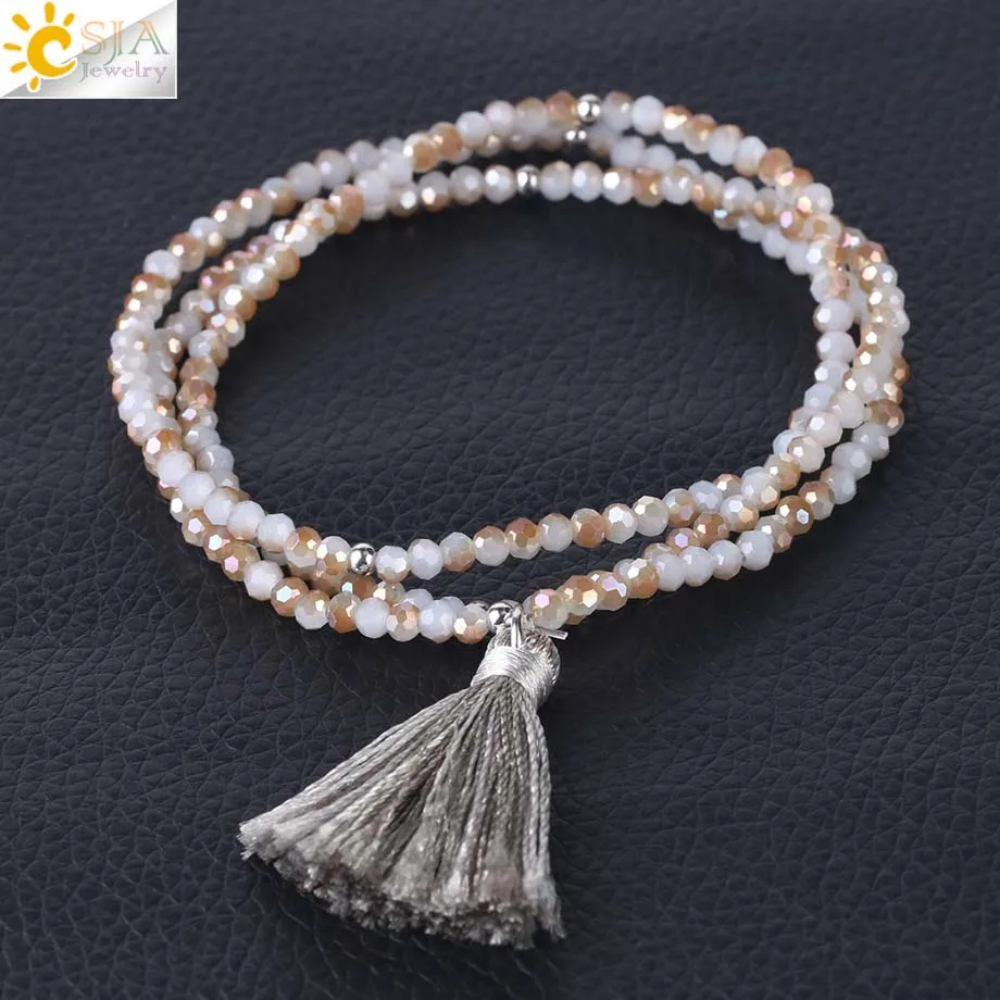 Grey 2 CSJA Boho кисточка с бахромой крошечный граненый многослойный Хрустальный Браслет Браслеты Дружбы бижутерия ручной работы Pulsera эластичный S117 - Окраска металла: Grey 2