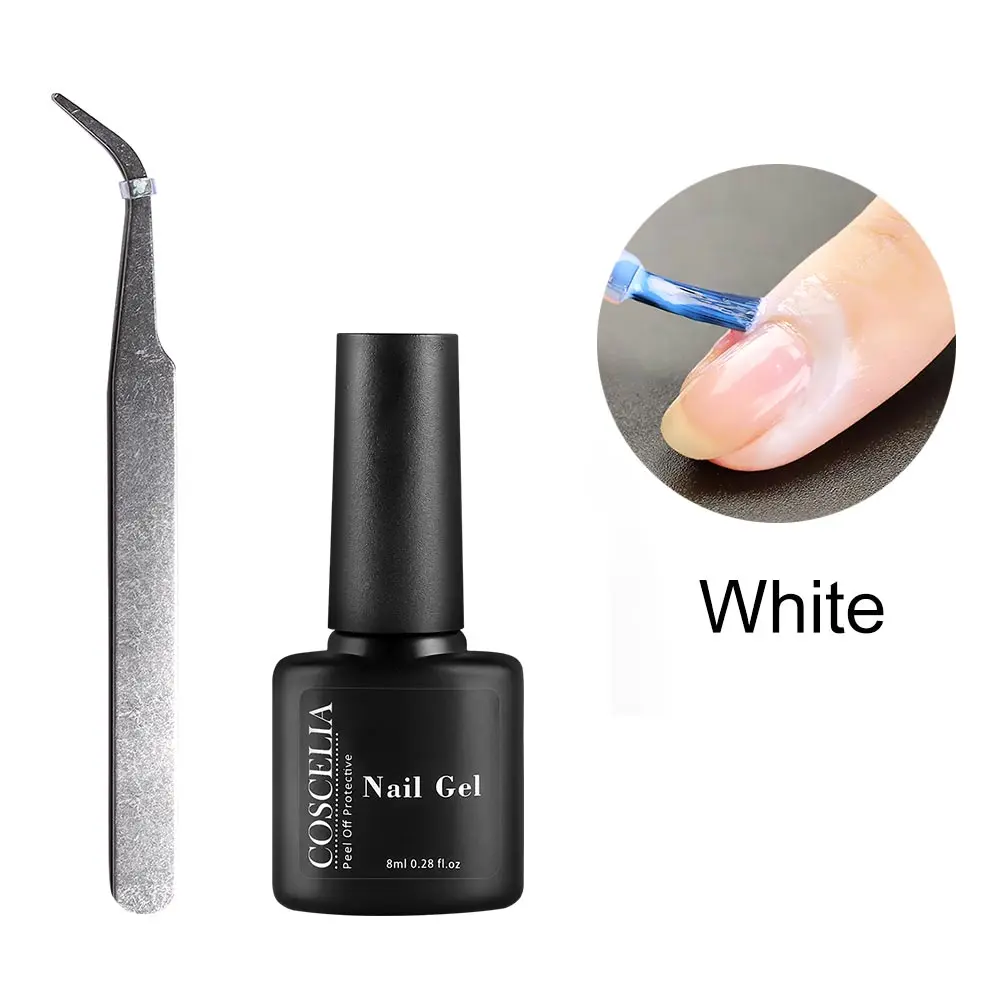 White with tweezers COSCELIA Отшелушивающий защитный лак для ногтей, защищенный для маникюра, легко Очищаемый, быстро очищающий кожу пальцев, клейкая лента, гелевый инструмент для ухода за ногтями, латексный клей - Цвет: White with tweezers