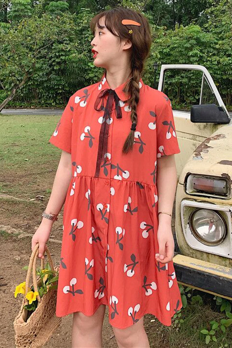 

Summer Mid-length Dress Female New Korean Teens Girls Sweet Fresh Temperament Floral Student Casual Dress