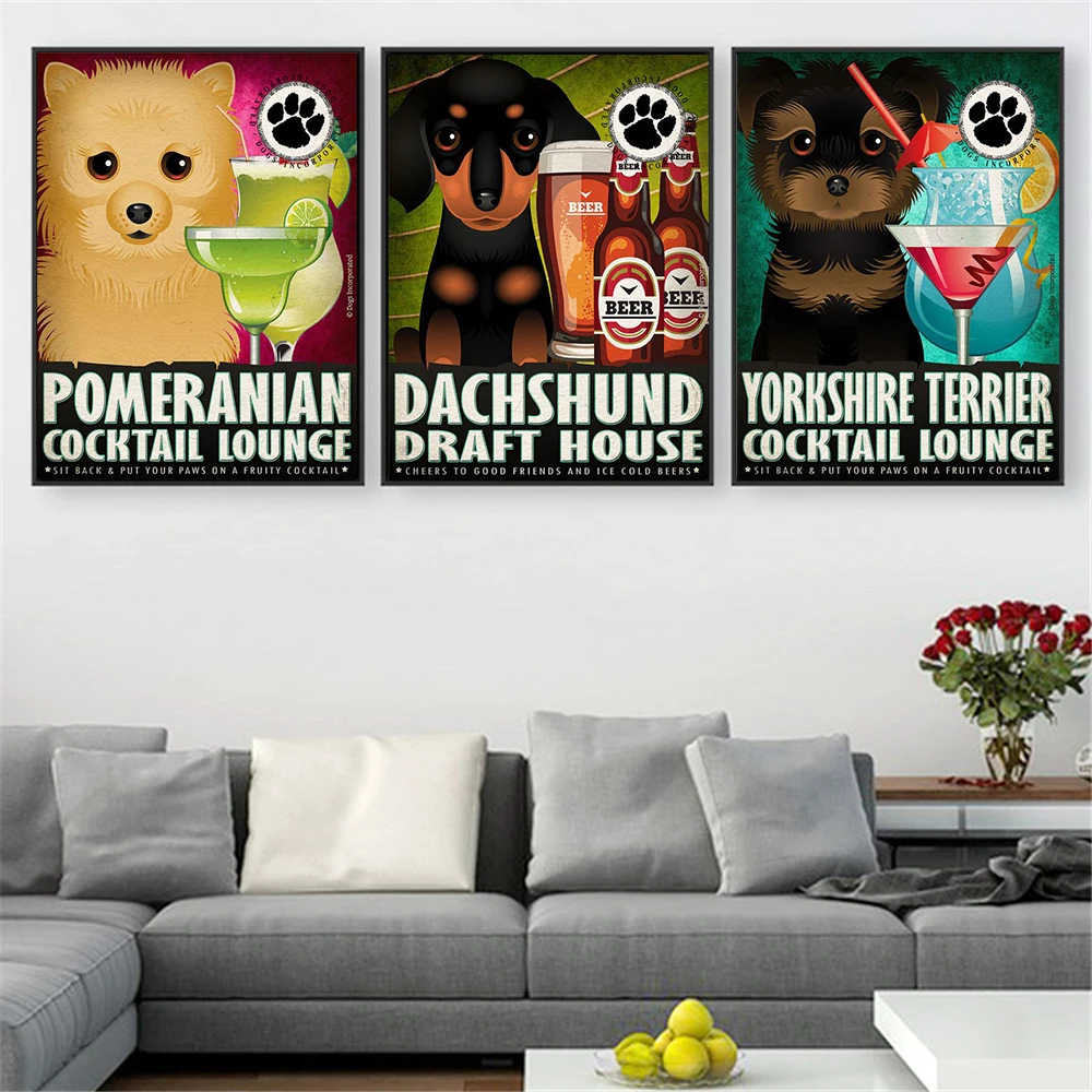 Настенное искусство ретро собака пьет пиво коричневая Такса живопись Милый