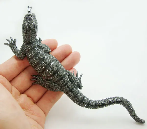 

Vintage Retro 6.42" High Quality Gecko Pin Brooch Black Rhinestone Crystal Lizard Classic Women Animal Jewelry Pendant