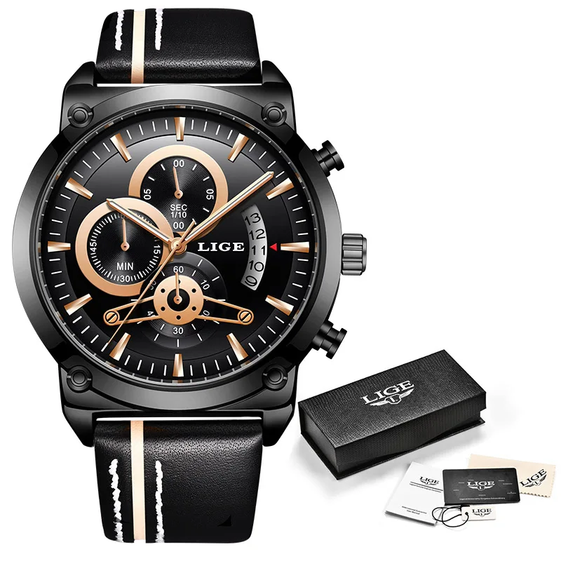 All black LIGE, новинка, мужские часы, хронограф, аналоговые кварцевые часы, дата, креативный циферблат, Синий кожаный ремешок, водонепроницаемые наручные часы, Reloj Hombre - Цвет: All black