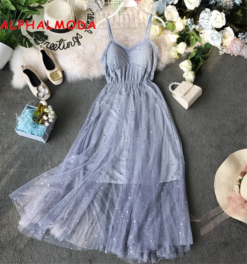 Женское кружевное платье ALPHALMODA элегантное Сетчатое средней длины со сверкающими