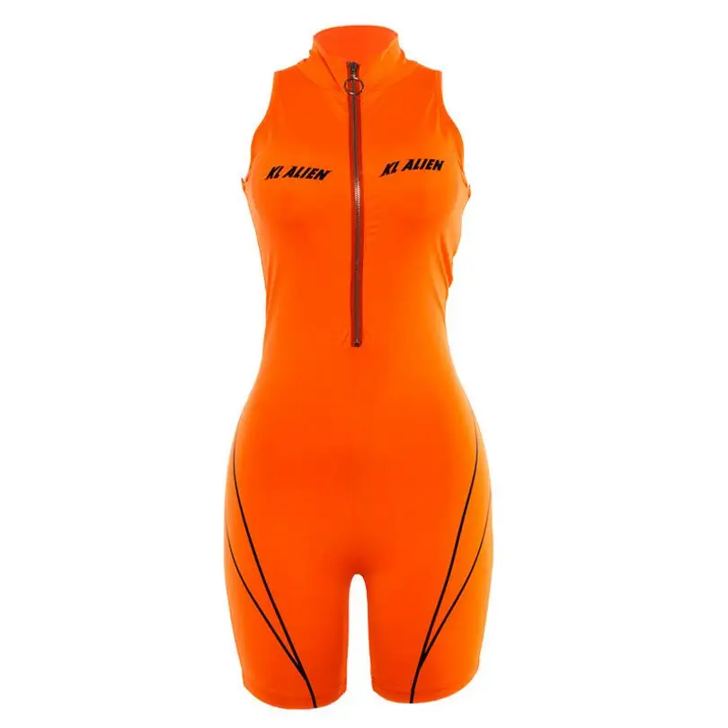 Женский неоновый комбинезон на молнии с высоким воротником без рукавов надписью