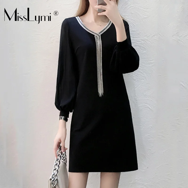 Black XL-5XL размера плюс элегантное платье женская одежда весна расшитое бисером кисточка v-образный вырез шифон длинный рукав лоскутное черное платье - Цвет: Black