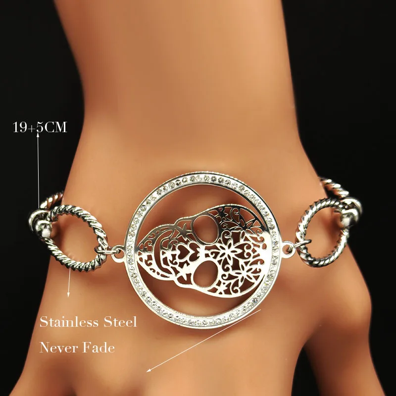 Женский браслет из нержавеющей стали с черепом и кристаллами серебристые