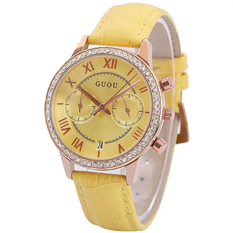 Модные женские Часы Guou Brandrelogio Feminino,, роскошные винтажные римские цифры, женская одежда, наручные часы, синие кожаные часы - Цвет: Цвет: желтый