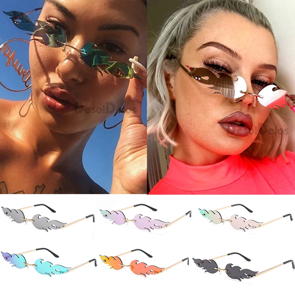 

Women Men Rimless Wave Sun Glasses New 2019 Fashion Fire Flame Sunglasses Eyewear Luxury Design Narrow Sunglass Shade Streetwear