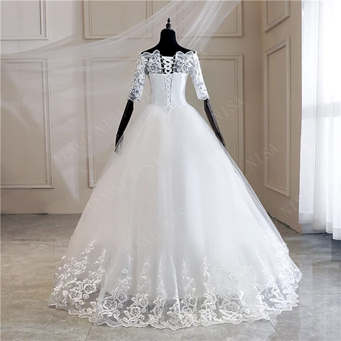 Half Sleeve Wedding Dresses 2022 New Korean Vintage Lace Appliques Embroidery Sequined Gown Bridal Vestido De Noiva MD